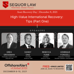 Sequor Law Asset Recovery Day panel graphic titled “High-Value International Recovery: Tips (Part One)” with featured speakers including Gregory Grossman.